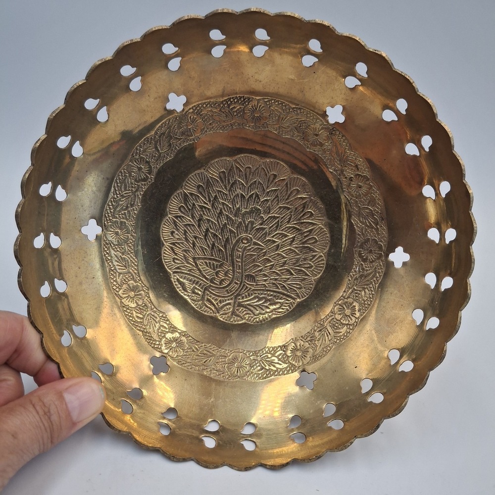 Vintage Brass Peacock Bowl‎ Pierced Cutout Pedestal Dish Moradabad India Ambika